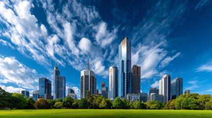 Fototapeta premium A breathtaking panoramic view of a bustling city skyline against a backdrop of vibrant blue skies and fluffy clouds, framed by lush green parkland, showcasing urban beauty and tranquility.