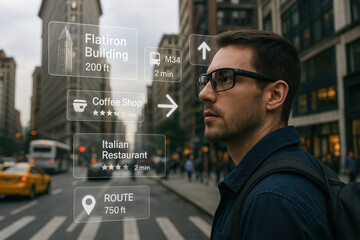 Person Navigating Urban Street With Augmented Reality Overlay