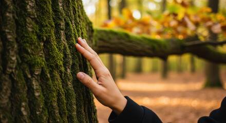 Gentle touch of woman's hand explores rough tree bark covered in moss during serene autumn walk in tranquil forest with soft golden sunlight through trees