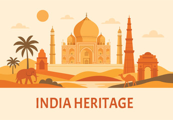 Bright vector illustration with Taj Mahal, Qutub Minar, India Gate, camel and desert landscape. Cultural and natural diversity of Indian heritage. For Republic Day cards and banners celebrating unity