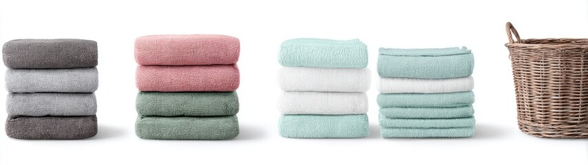 Neatly stacked bath towels in various pastel shades and a wicker laundry basket on a white background