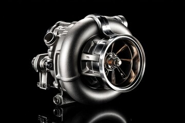 High-resolution shot of new turbocharger placed on black reflective surface with dramatic lighting 