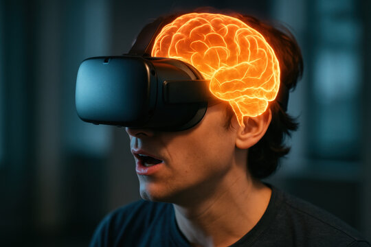 Person Wearing Virtual Reality Headset With Glowing Brain Overlay - Powered by Adobe