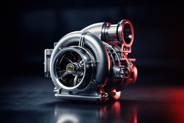 High-resolution shot of new turbocharger placed on black reflective surface with dramatic lighting