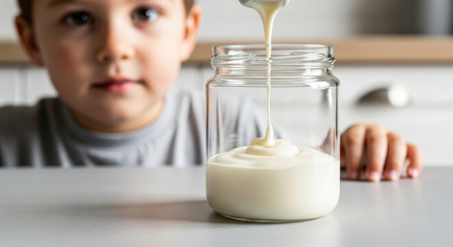 Curious young boy patiently watches thick creamy yogurt pour into clear glass jar in modern kitchen, learning about food preparation and healthy eating at home