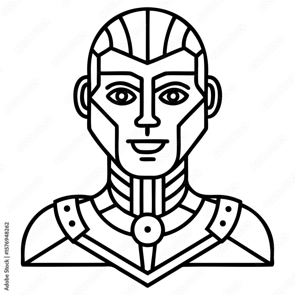 Poster illustration of a futuristic robot with geometric designs and a smiling expression on its face