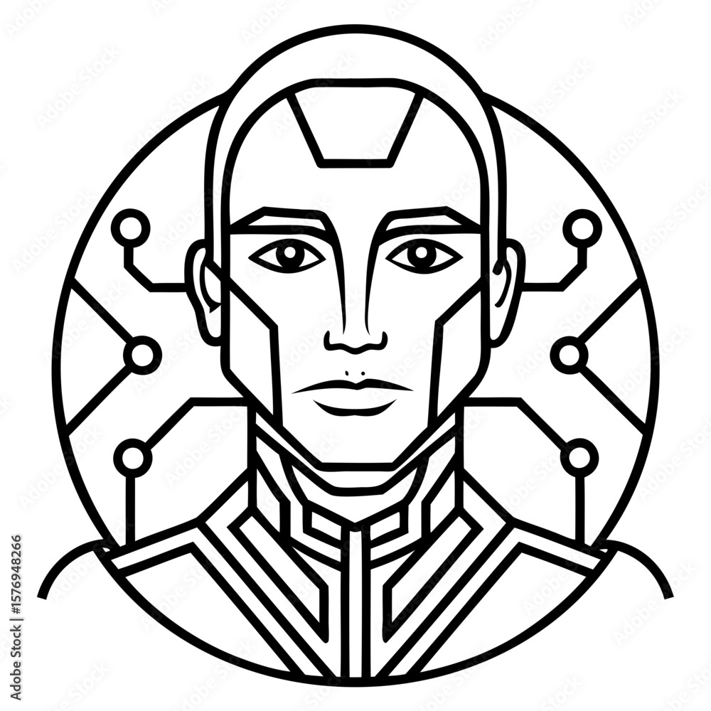 Poster illustration of a futuristic humanoid robot head with a circular circuit background design