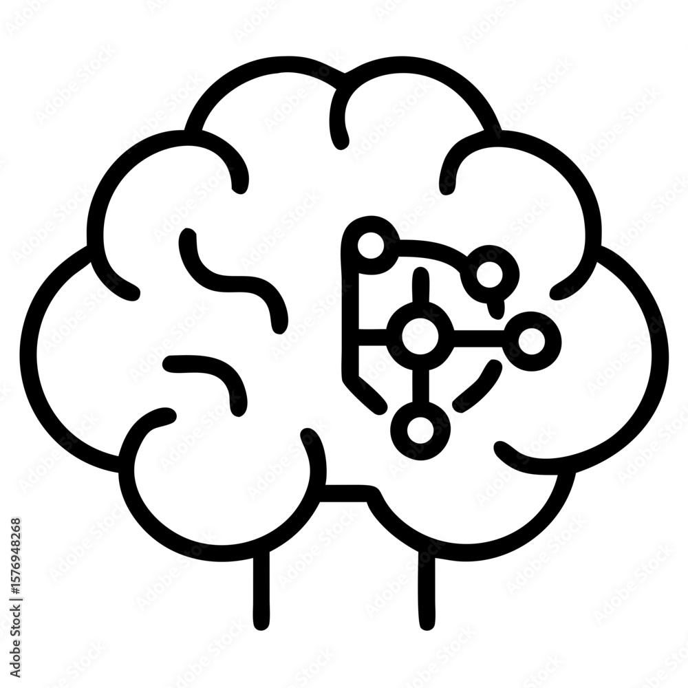 Poster illustration of a brain outline with a network symbol inside, representing artificial intelligence