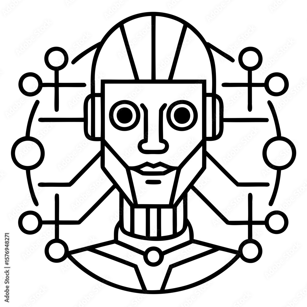 Poster a stylized line drawing of a robot head surrounded by connected nodes in a circular shape