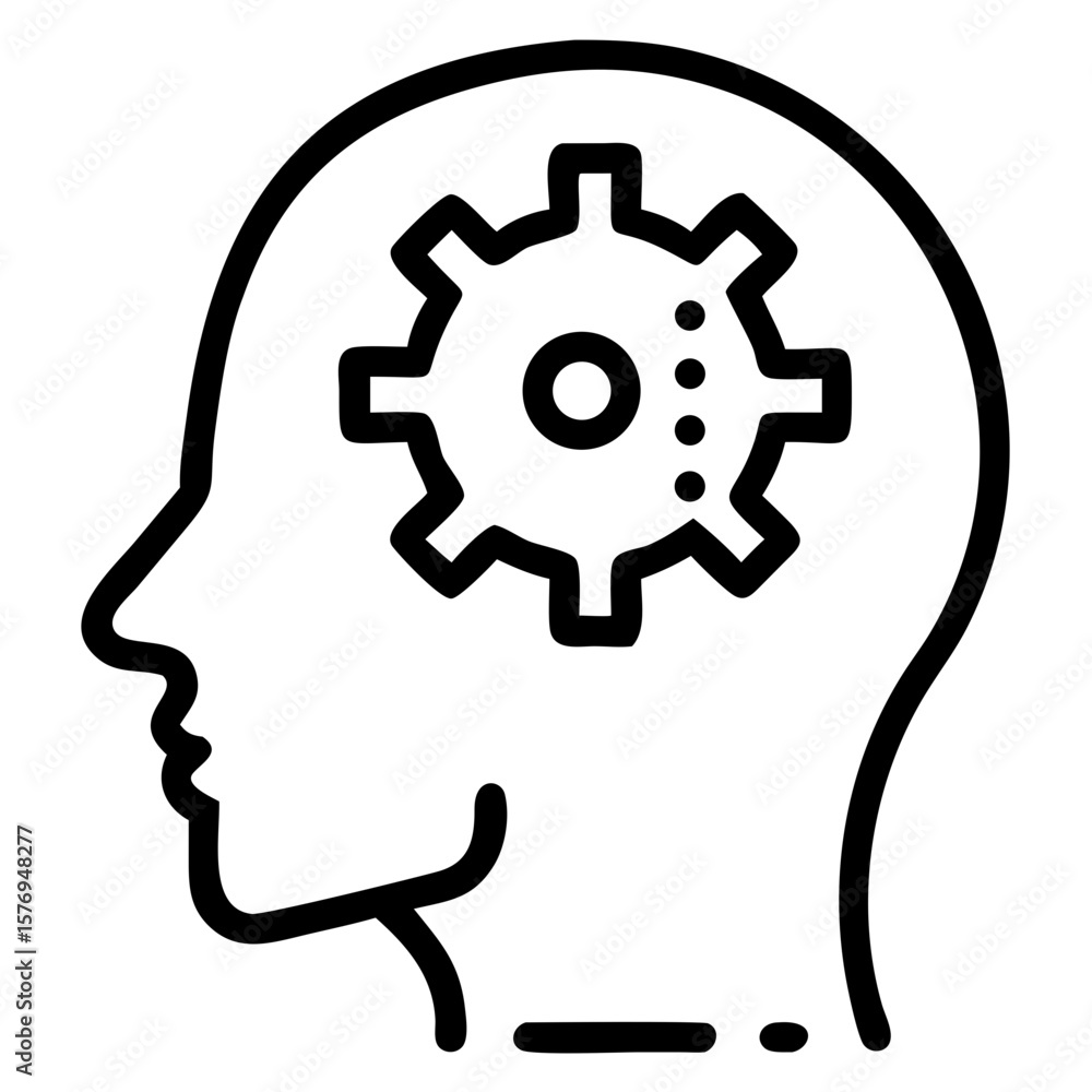 Aufkleber illustration of a head outline with a gear and dots inside representing thinking process idea
