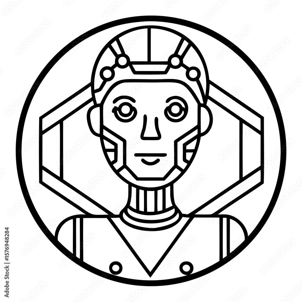 Poster illustration of a humanoid robot with a geometric background inside a circle frame design