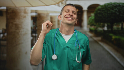Caucasian male doctor in uniform with stethoscope joyfully celebrates on an outdoor street.
