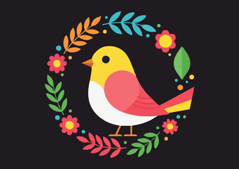 Obraz premium Colorful bird standing in a floral wreath on a dark background