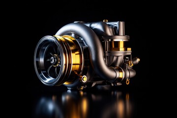 High-resolution shot of new turbocharger placed on black reflective surface with dramatic lighting 