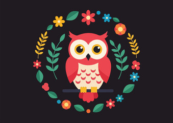Naklejka premium Cute owl sitting in a floral wreath on a dark background