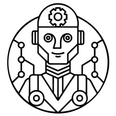 A stylized robot with a gear on its head encased in a circle with circuit board elements around it