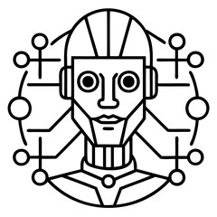 A stylized line drawing of a robot head surrounded by connected nodes in a circular shape