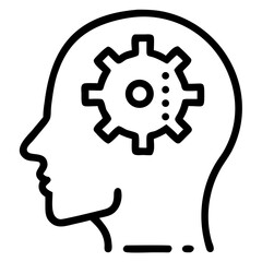 Illustration of a head outline with a gear and dots inside representing thinking process idea