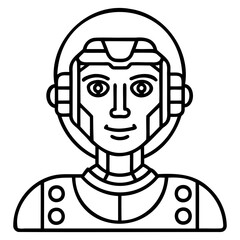 Illustration of a humanoid robot with a round helmet and detailed facial features in black outline