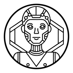 Illustration of a humanoid robot with a geometric background inside a circle frame design