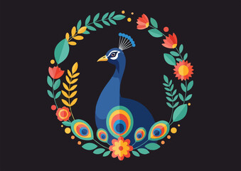 Colorful peacock sitting in a floral wreath on a dark background