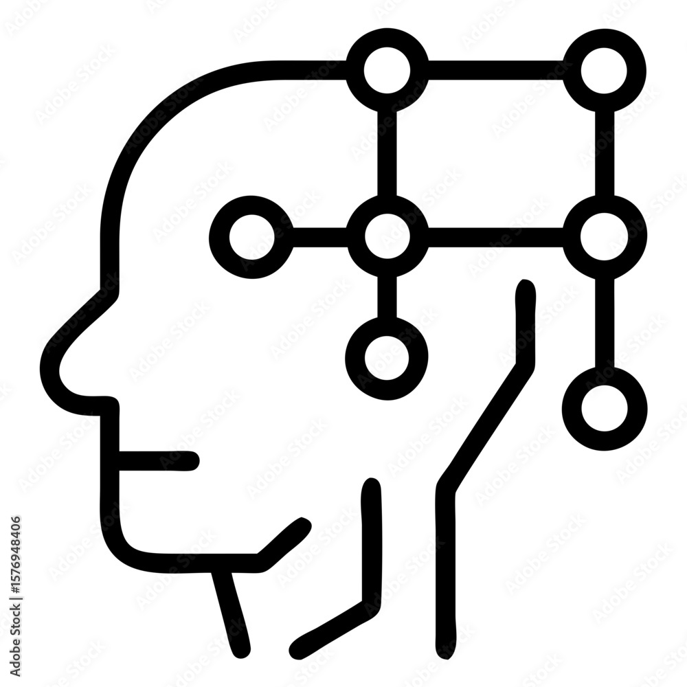 Poster outline of a head with a network of connected circles above it representing ai concept