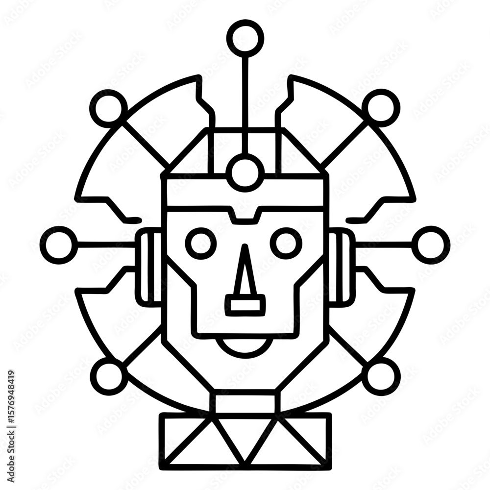 Aufkleber stylized robot head with circular elements and geometric base in black and white outline