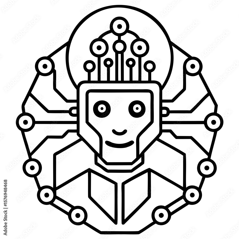 Aufkleber stylized robot head with circuit connections and a circular halo in a geometric design