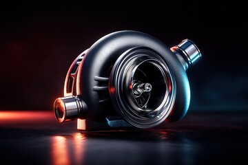 High-resolution shot of new turbocharger placed on black reflective surface with dramatic lighting 