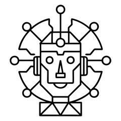 Stylized robot head with circular elements and geometric base in black and white outline
