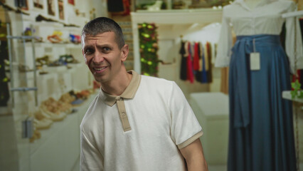 Man standing indoors in a clothing store with shelves of shoes and dresses, conveying a shopping or...