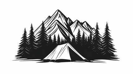 Monochrome tent camping in pine forest with mountain backdrop