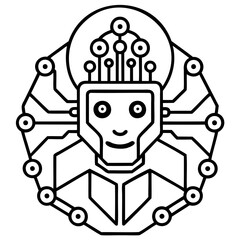 Stylized robot head with circuit connections and a circular halo in a geometric design