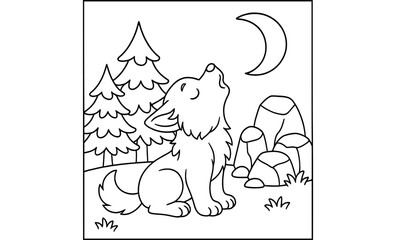 Cute wolf pup howling at the moon in forest scene outline
