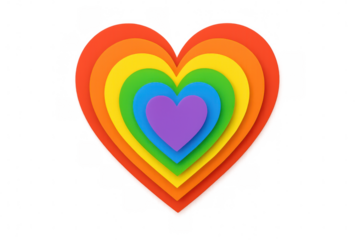 Layered rainbow paper hearts creating vibrant design symbolizing love, pride, inclusivity against translucent backdrop
