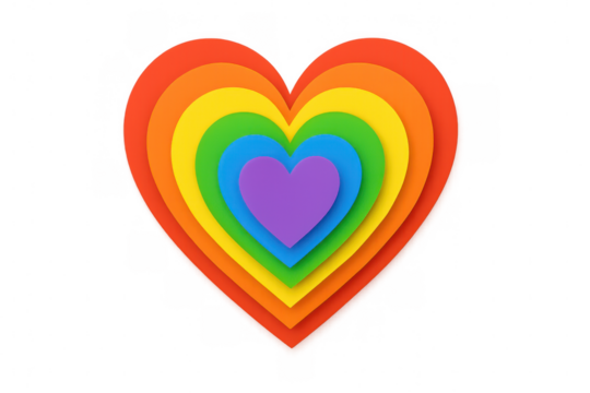 Layered rainbow paper hearts creating vibrant design symbolizing love, pride, inclusivity against translucent backdrop