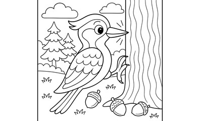 Woodpecker line art in forest with acorns for kids coloring book