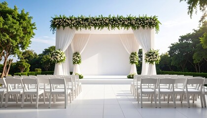 Outdoor wedding ceremony setup with white decor and lush greenery