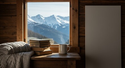 Cozy Cabin Interior with View of Snowy Mountain Range through Wooden Window