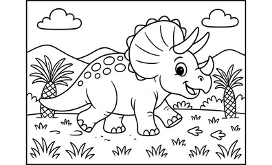 Naklejka premium Cute triceratops coloring page for kids with landscape and clouds