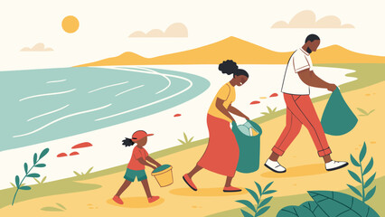 Fototapeta premium Girl walking on the beach at sunset in a peaceful summer illustration