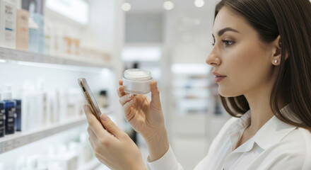 Woman comparing skincare product ingredients on smartphone while shopping in modern beauty store aisle