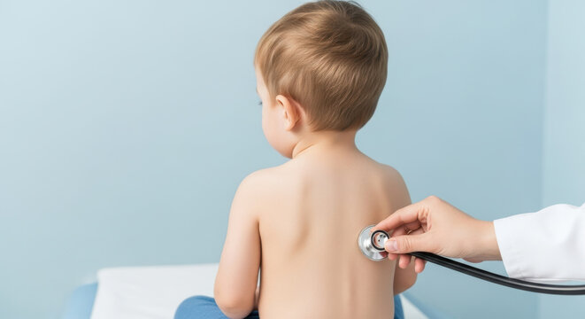 Pediatrician examining young child's back with stethoscope during health checkup in medical clinic - Powered by Adobe