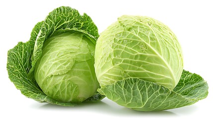 Fototapeta premium Two Fresh Green Cabbages with Water Droplets on Leaves, Isolated on White Background