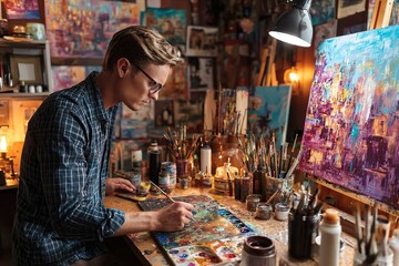 Man painting on canvas in cozy home studio surrounded by brushes and vibrant paints