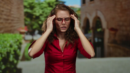 Woman in red shirt outdoors showing frustration in urban street city setting, with hands on head...