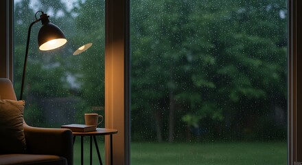 Cozy Indoor Living Room Scene with Floor Lamp and Rainy Window View