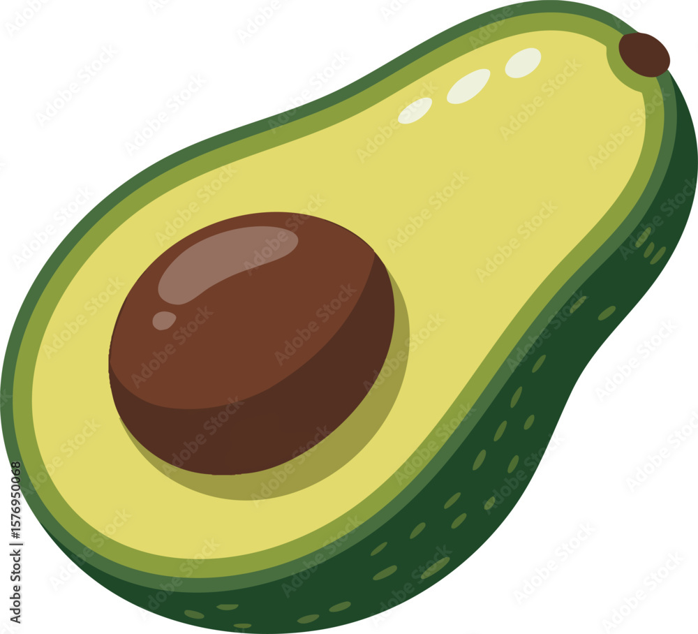 Poster a vibrant avocado half vector illustration with a smooth pit and glossy highlights, set against a tr