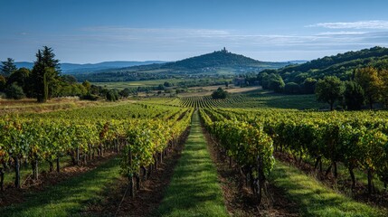 Fototapeta premium A classic French vineyard landscape with neatly arranged grapevines stretching across the valley, a distant visible on the horizon