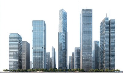 Fototapeta premium A skyline of various modern skyscrapers, varying in height and design, set against a plain white background. A small strip of green is visible at the base
